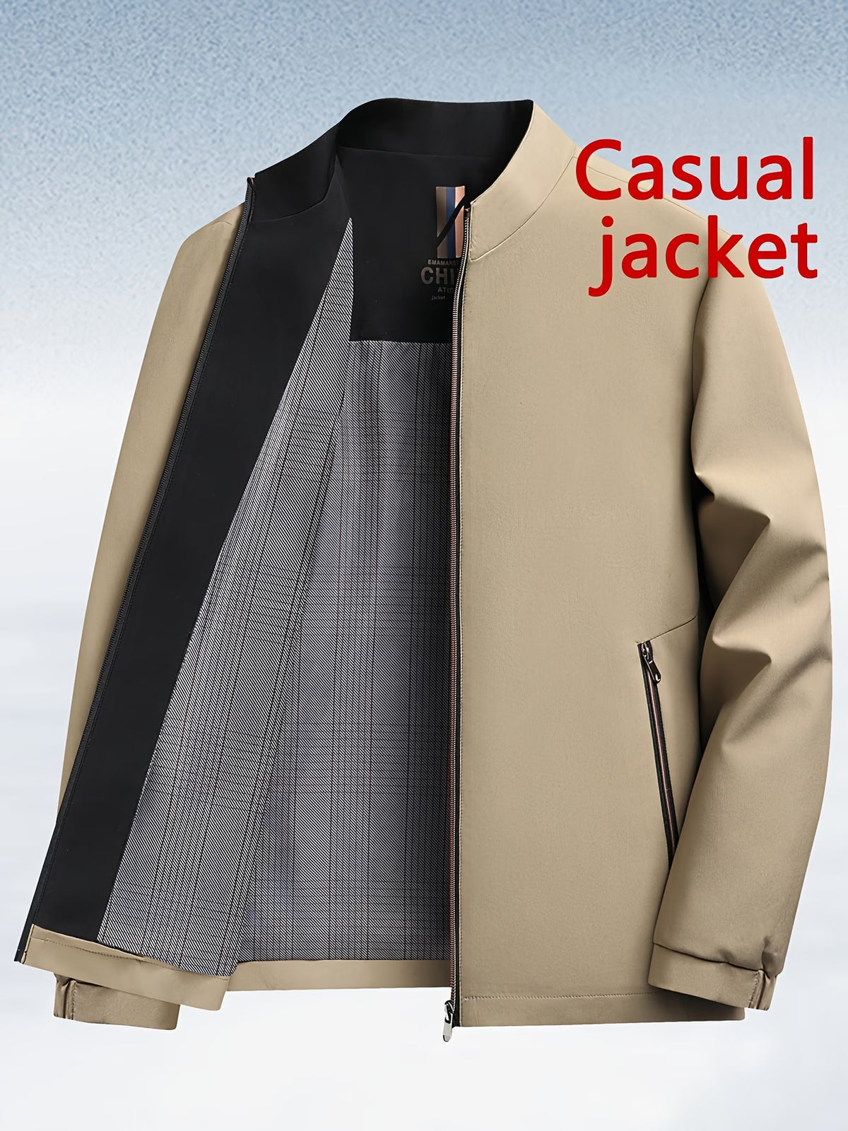 Chaqueta para hombre (primavera/otoño) con cuello alzado, Color Negro