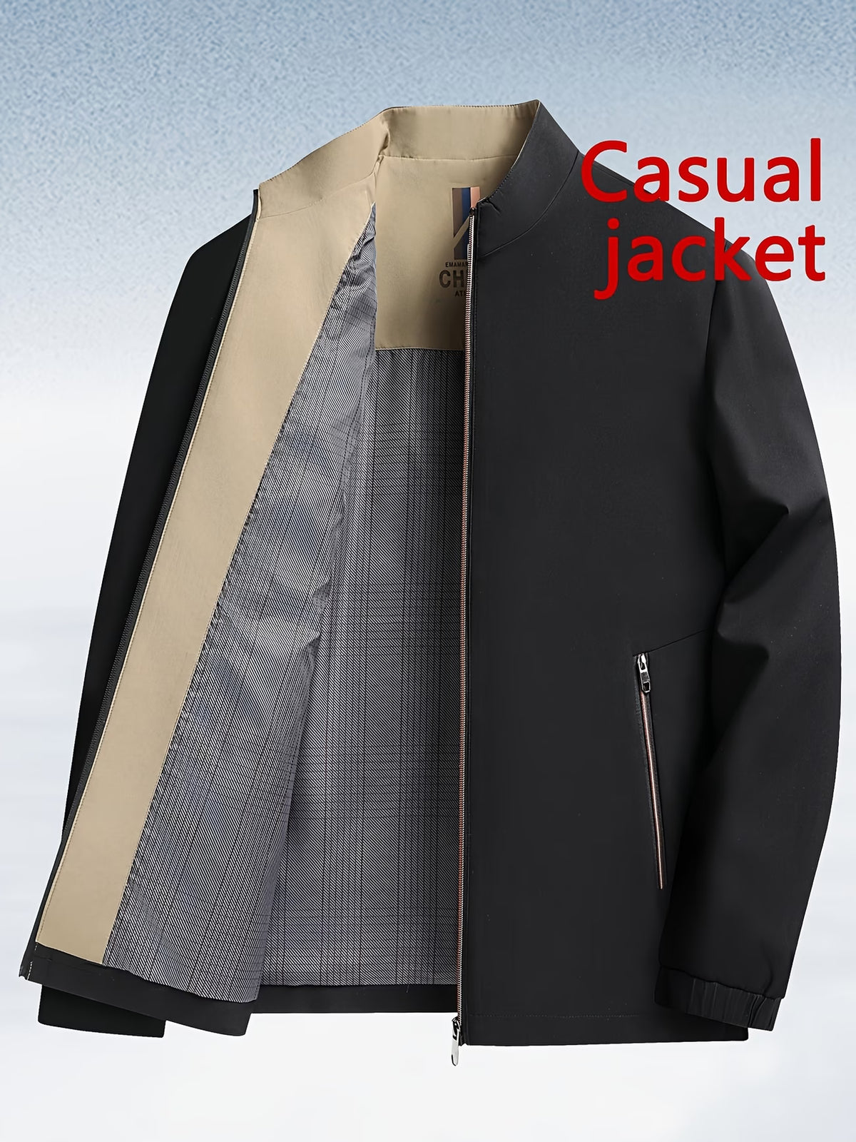 Chaqueta  para hombre (primavera/otoño) con cuello alzado, Color Negro