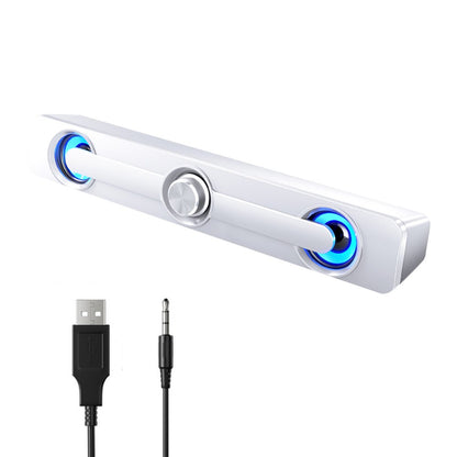 Barra de sonido Bluetooth inalámbrica Hi-Fi, Mini soundbar o parlante alargado  con alimentación USB, iluminación LED y perilla central de volumen.
