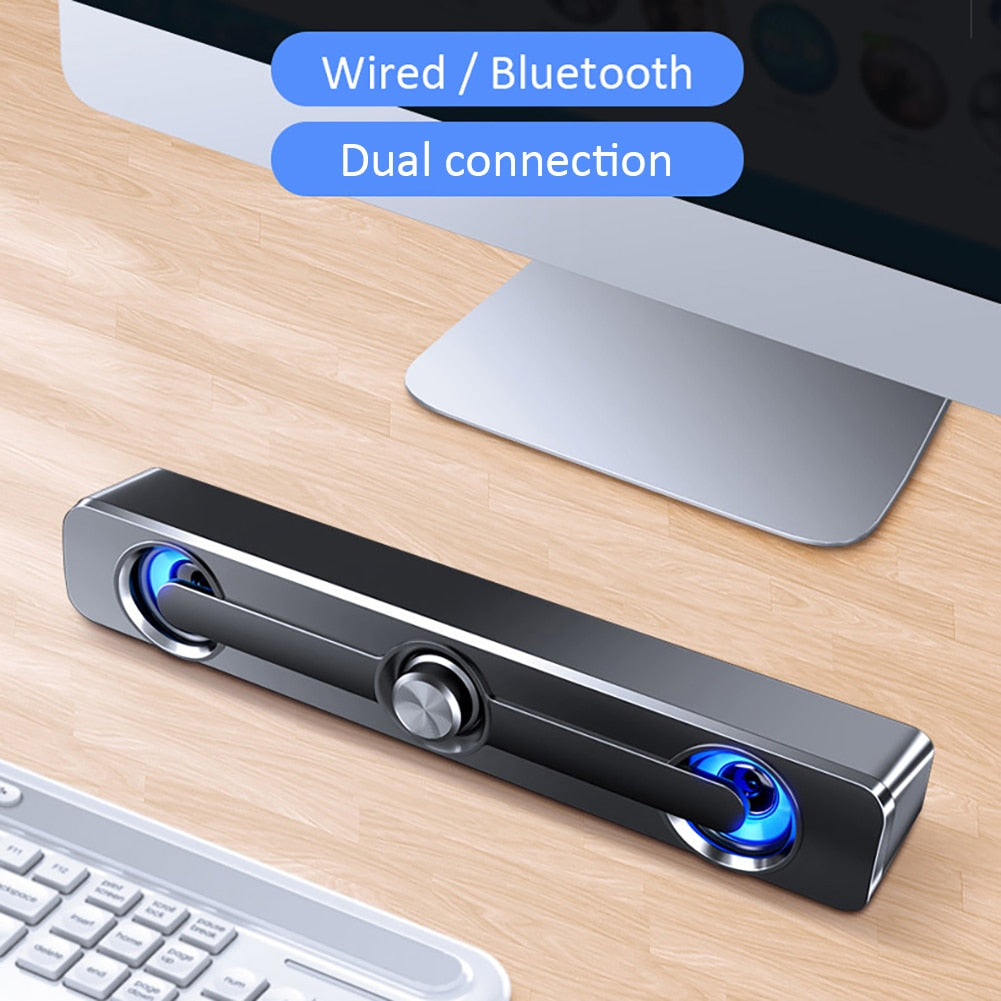 Barra de sonido Bluetooth inalámbrica Hi-Fi, Mini soundbar o parlante alargado  con alimentación USB, iluminación LED y perilla central de volumen.