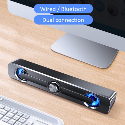 Barra de sonido Bluetooth inalámbrica Hi-Fi, Mini soundbar o parlante alargado  con alimentación USB, iluminación LED y perilla central de volumen.
