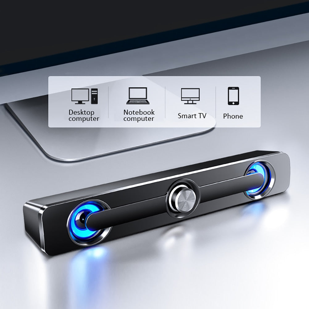Barra de sonido Bluetooth inalámbrica Hi-Fi, Mini soundbar o parlante alargado  con alimentación USB, iluminación LED y perilla central de volumen.