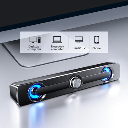 Barra de sonido Bluetooth inalámbrica Hi-Fi, Mini soundbar o parlante alargado  con alimentación USB, iluminación LED y perilla central de volumen.