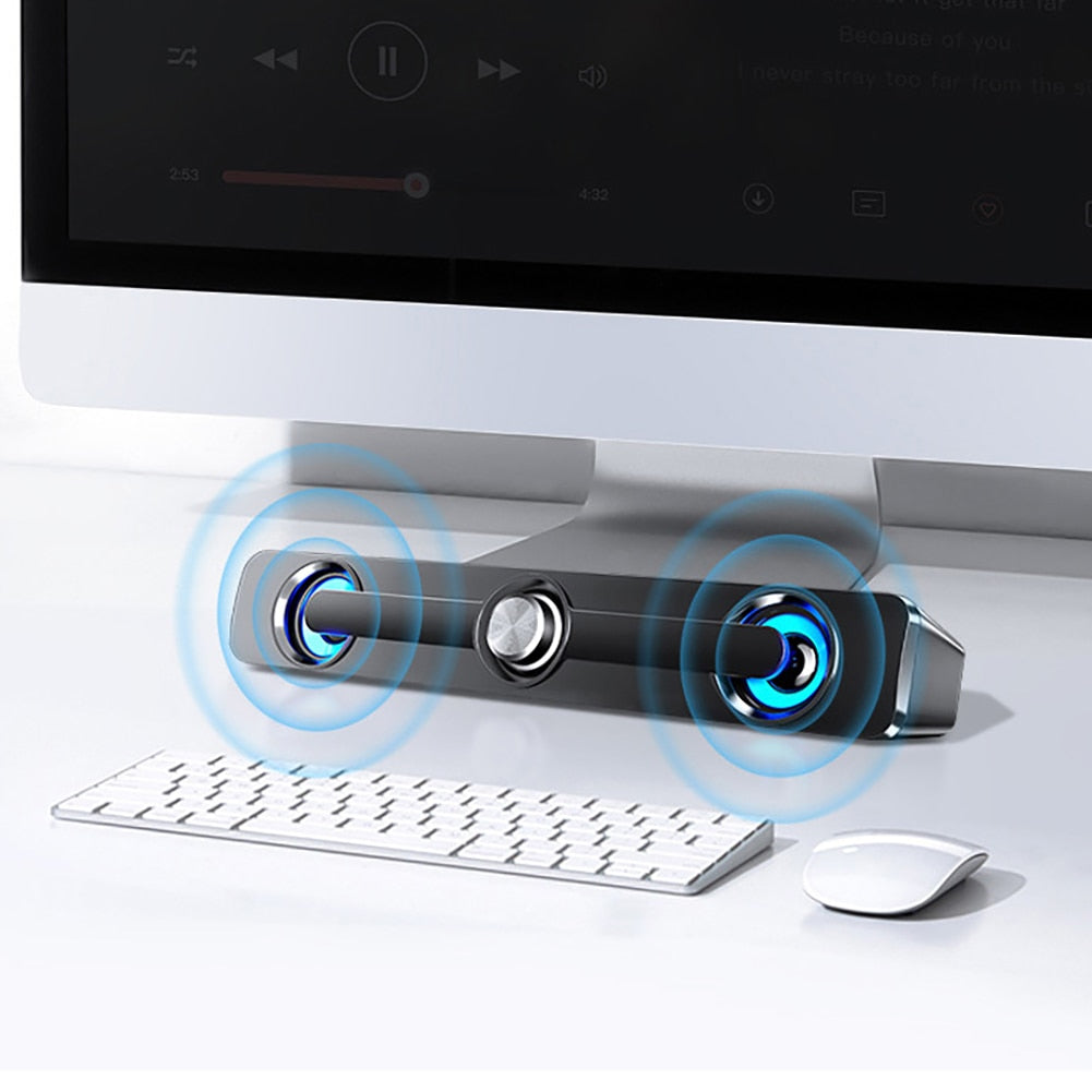 Barra de sonido Bluetooth inalámbrica Hi-Fi, Mini soundbar o parlante alargado  con alimentación USB, iluminación LED y perilla central de volumen.