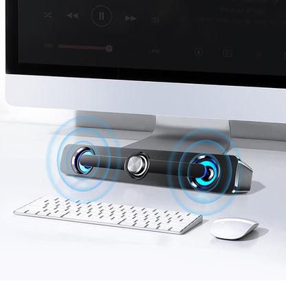 Barra de sonido Bluetooth inalámbrica Hi-Fi, Mini soundbar o parlante alargado  con alimentación USB, iluminación LED y perilla central de volumen.
