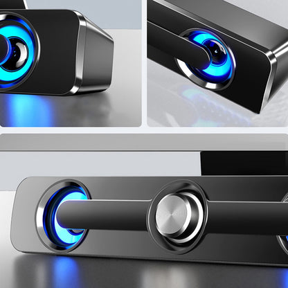 Barra de sonido Bluetooth inalámbrica Hi-Fi, Mini soundbar o parlante alargado  con alimentación USB, iluminación LED y perilla central de volumen.