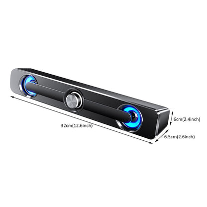 Barra de sonido Bluetooth inalámbrica Hi-Fi, Mini soundbar o parlante alargado  con alimentación USB, iluminación LED y perilla central de volumen.