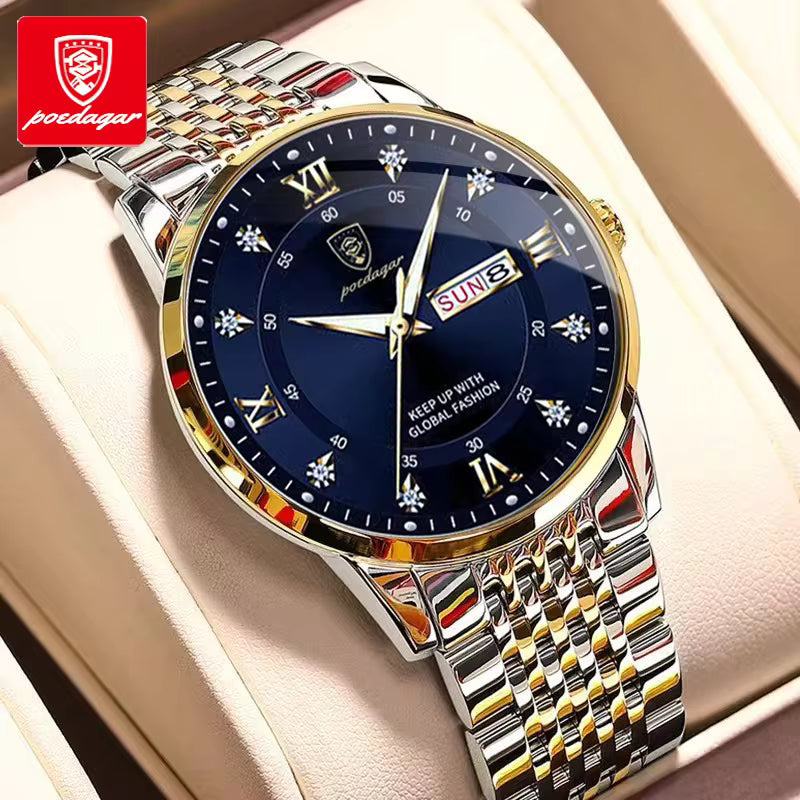 Reloj de Cuarzo POEDAGAR para Hombre Caja de Metal Impermeable Manecillas Luminiscentes.