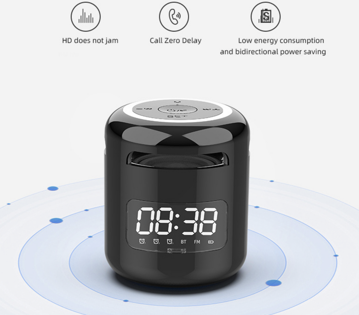 Parlante inalámbrico portátil BT V5.0 con micrófono integrado, función de reloj y luz LED multicolor para música en exteriores.