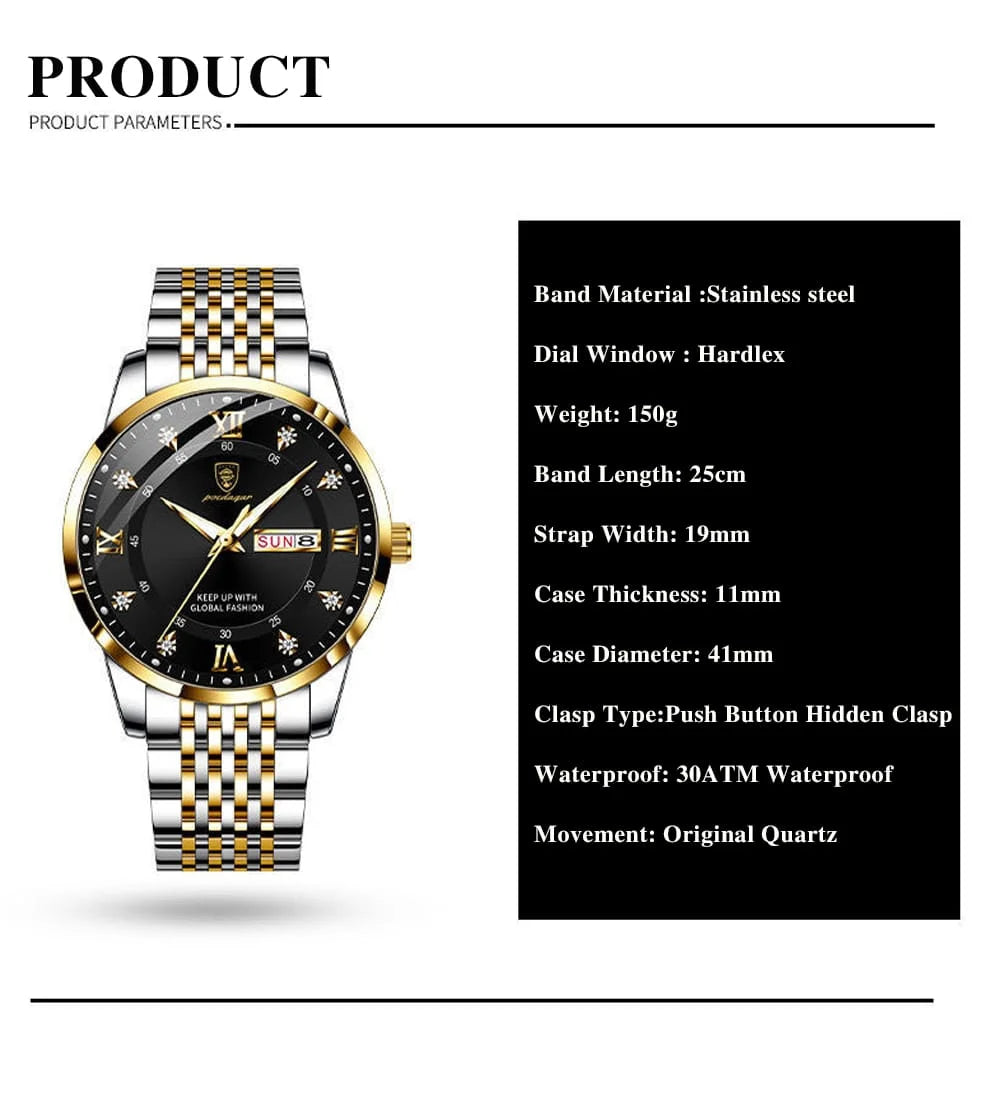 Reloj de Cuarzo POEDAGAR para Hombre Caja de Metal Impermeable Manecillas Luminiscentes.