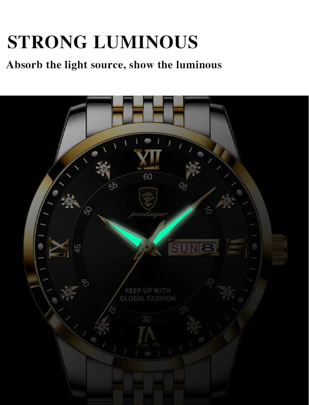 Reloj de Cuarzo POEDAGAR para Hombre Caja de Metal Impermeable Manecillas Luminiscentes.