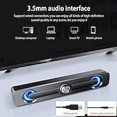 Barra de sonido Bluetooth inalámbrica Hi-Fi, Mini soundbar o parlante alargado  con alimentación USB, iluminación LED y perilla central de volumen.