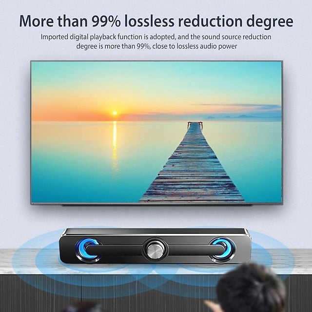 Barra de sonido Bluetooth inalámbrica Hi-Fi, Mini soundbar o parlante alargado  con alimentación USB, iluminación LED y perilla central de volumen.